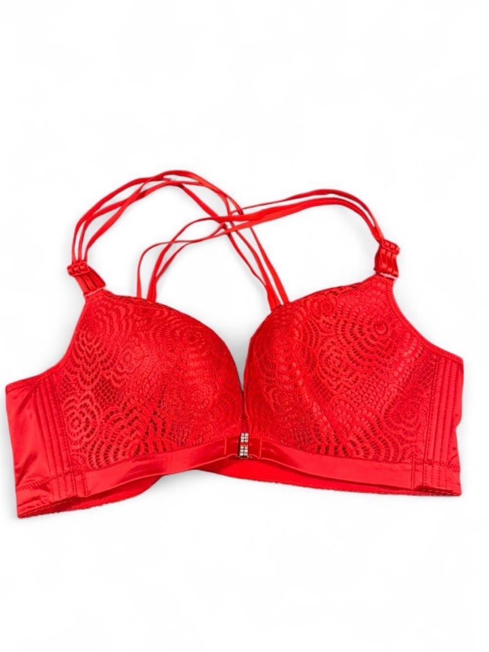 Mushiqi Red lace bra with front Rhinestone closing and strappy details